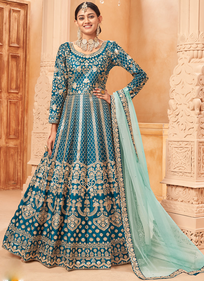 Vegaa Fashion Designer Turquoise Art Silk Embroidery Anarkali Suit
