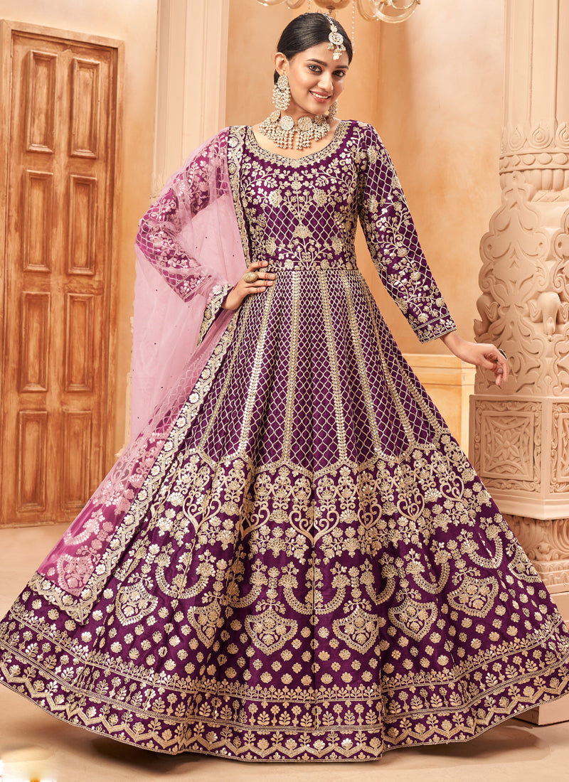 Vegaa Fashion Designer Wine Art Silk Embroidery Anarkali Suit