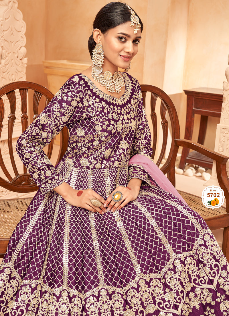 Vegaa Fashion Designer Wine Art Silk Embroidery Anarkali Suit