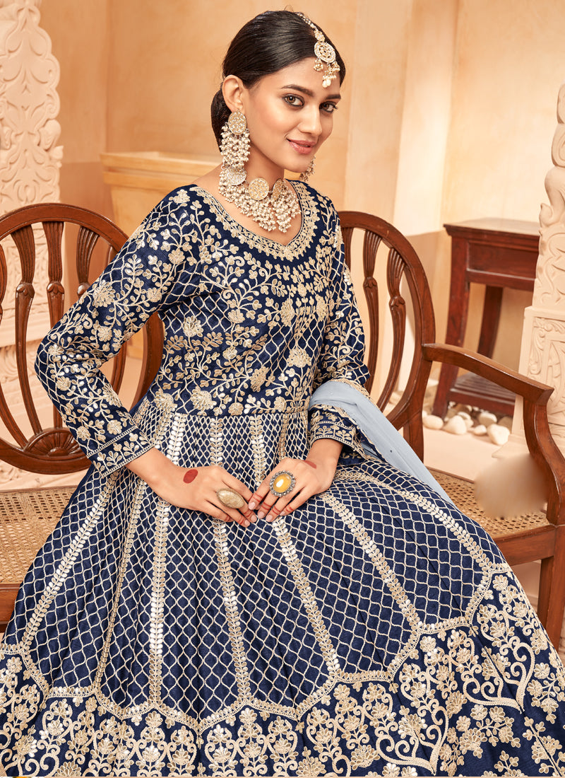 Vegaa Fashion Designer Navy Blue Art Silk Embroidery Anarkali Suit