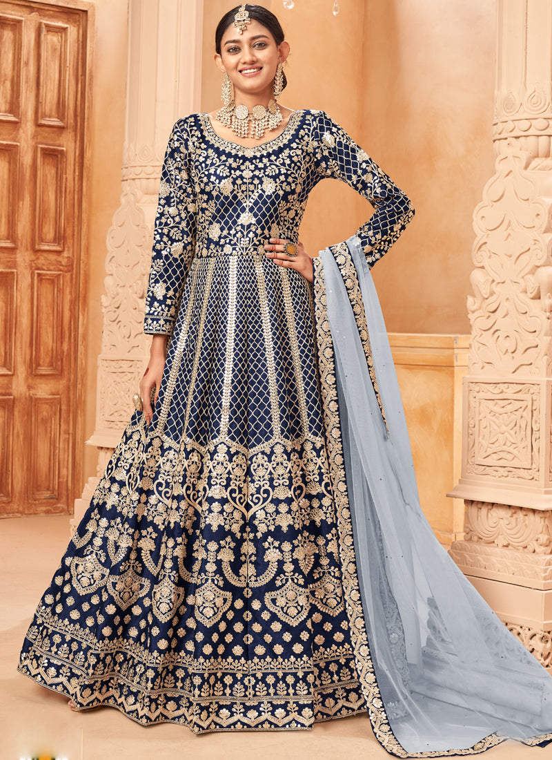 Vegaa Fashion Designer Navy Blue Art Silk Embroidery Anarkali Suit