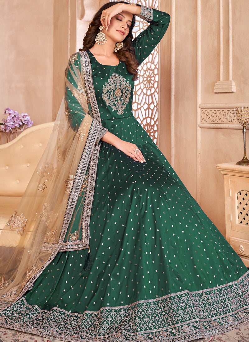 Vegaa Fashion Designer Green Tafeta Silk Embroidery Anarkali Suit