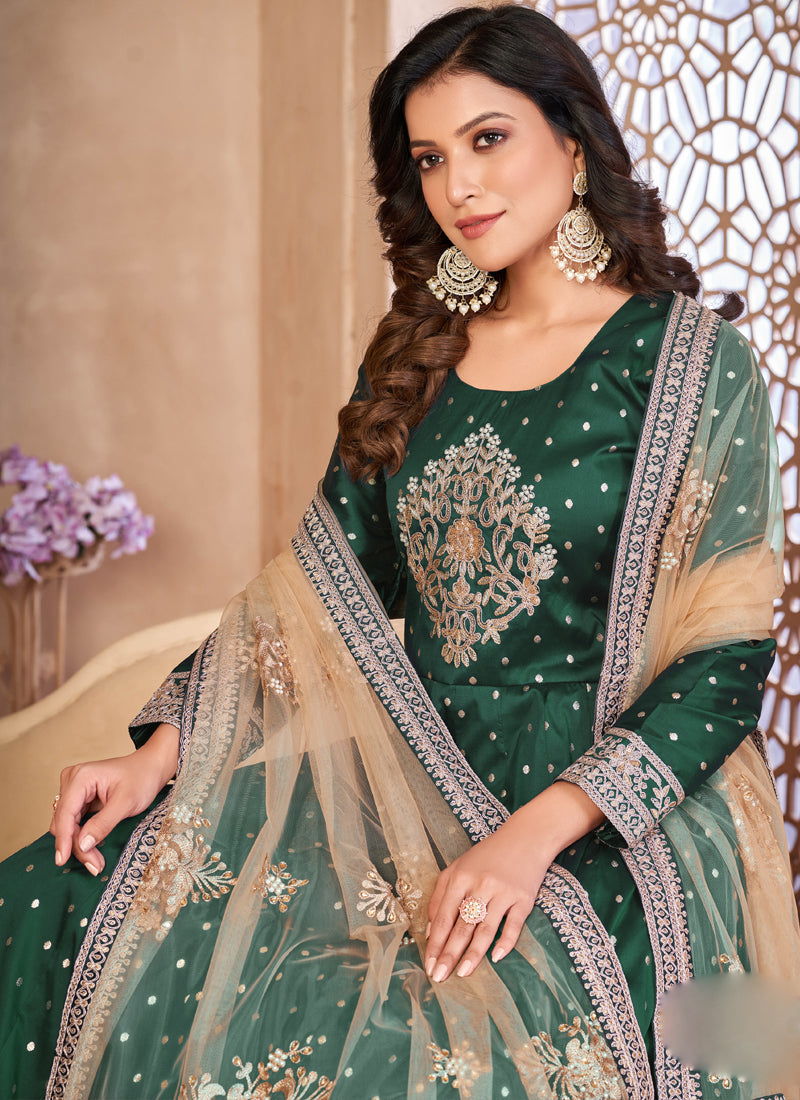 Vegaa Fashion Designer Green Tafeta Silk Embroidery Anarkali Suit