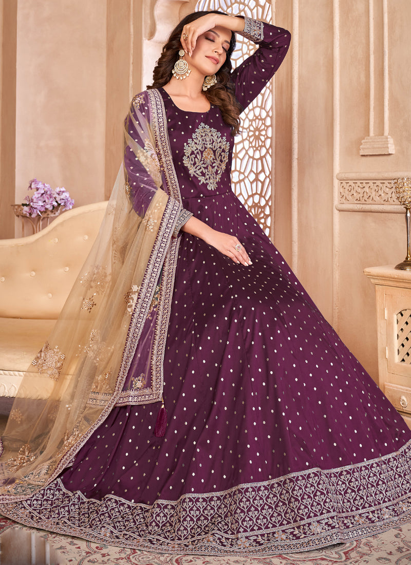 Vegaa Fashion Designer Viiolet Tafeta Silk Embroidery Anarkali Suit - Distacart