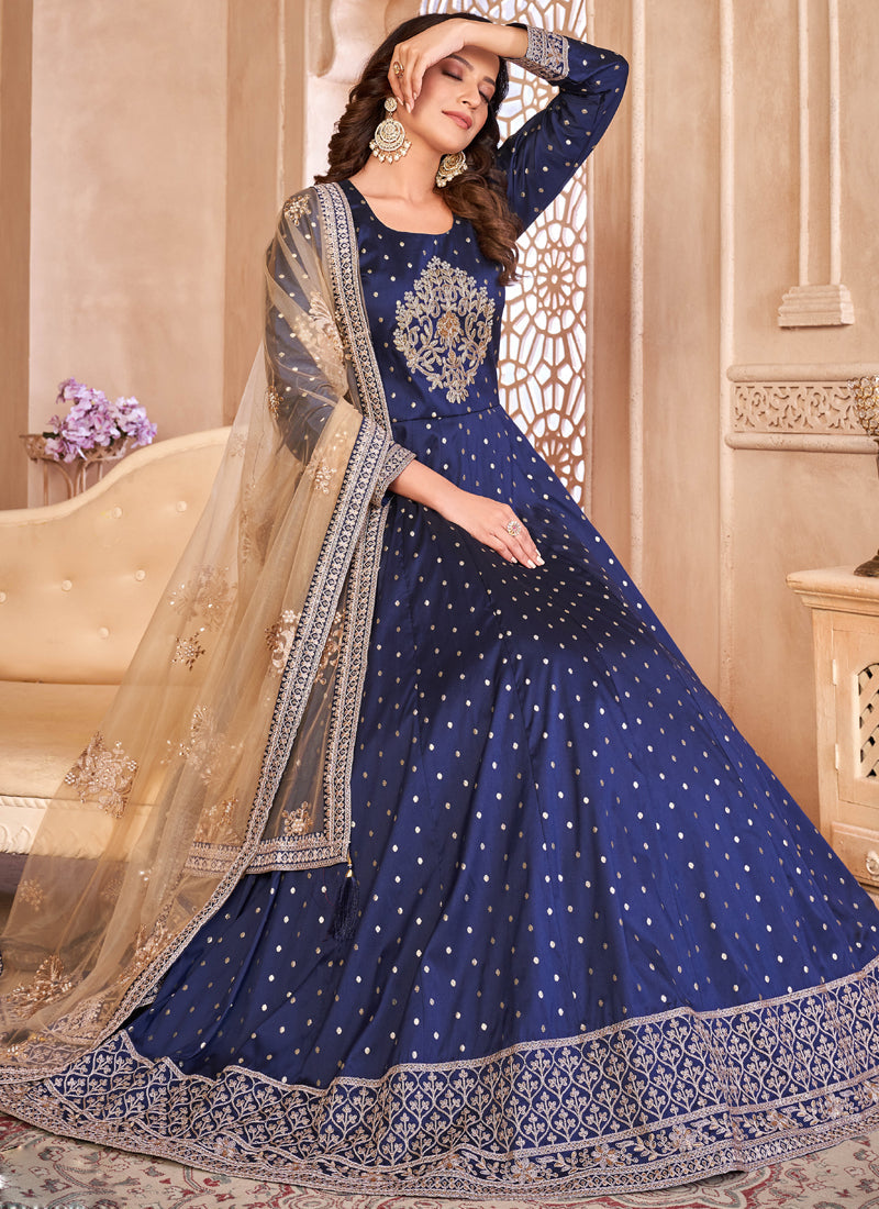 Vegaa Fashion Designer Navy Blue Tafeta Silk Embroidery Anarkali Suit - Distacart