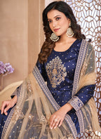 Vegaa Fashion Designer Navy Blue Tafeta Silk Embroidery Anarkali Suit - Distacart