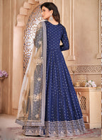 Vegaa Fashion Designer Navy Blue Tafeta Silk Embroidery Anarkali Suit - Distacart