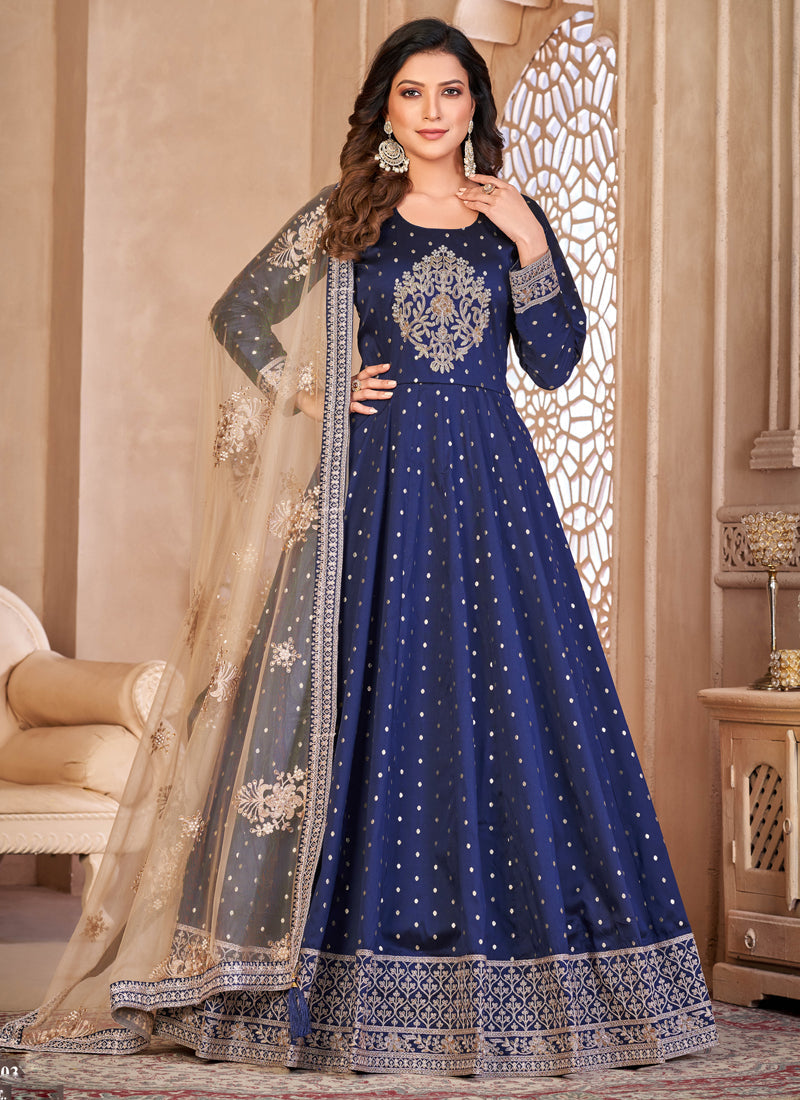 Vegaa Fashion Designer Navy Blue Tafeta Silk Embroidery Anarkali Suit - Distacart