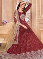 Vegaa Fashion Designer Maroon Tafeta Silk Embroidery Anarkali Suit