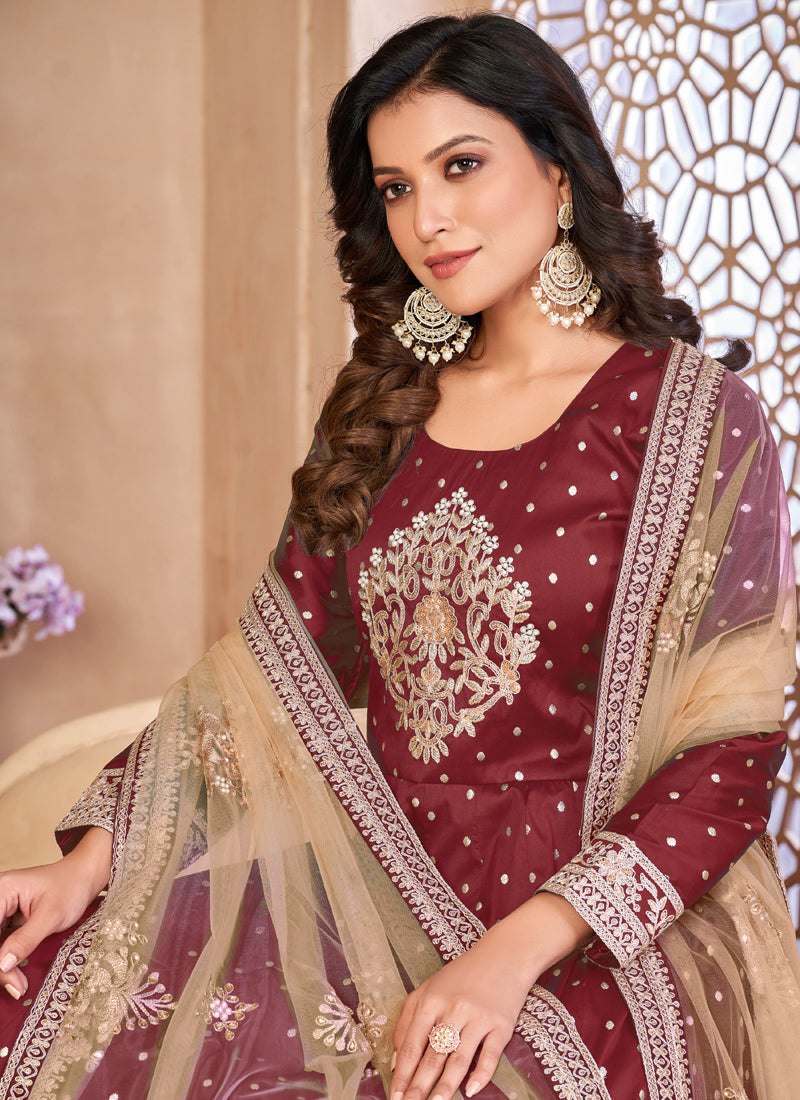 Vegaa Fashion Designer Maroon Tafeta Silk Embroidery Anarkali Suit