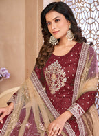 Vegaa Fashion Designer Maroon Tafeta Silk Embroidery Anarkali Suit