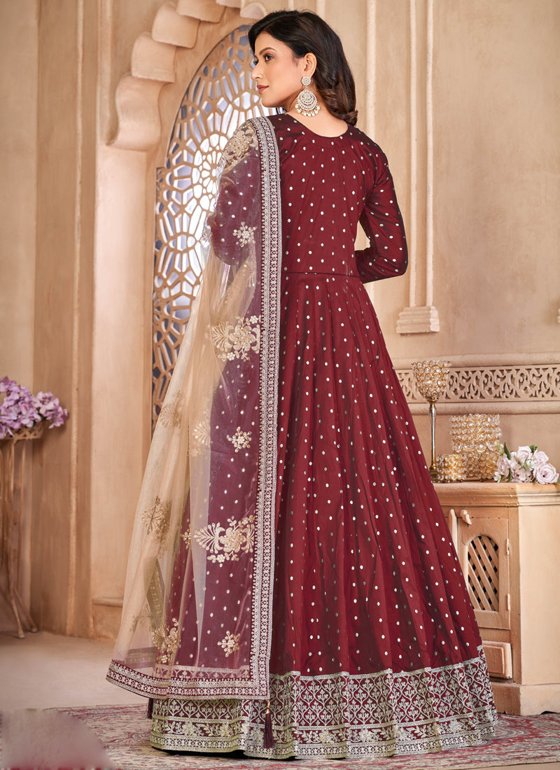 Vegaa Fashion Designer Maroon Tafeta Silk Embroidery Anarkali Suit