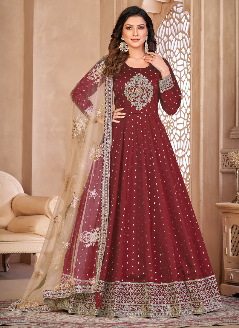 Vegaa Fashion Designer Maroon Tafeta Silk Embroidery Anarkali Suit
