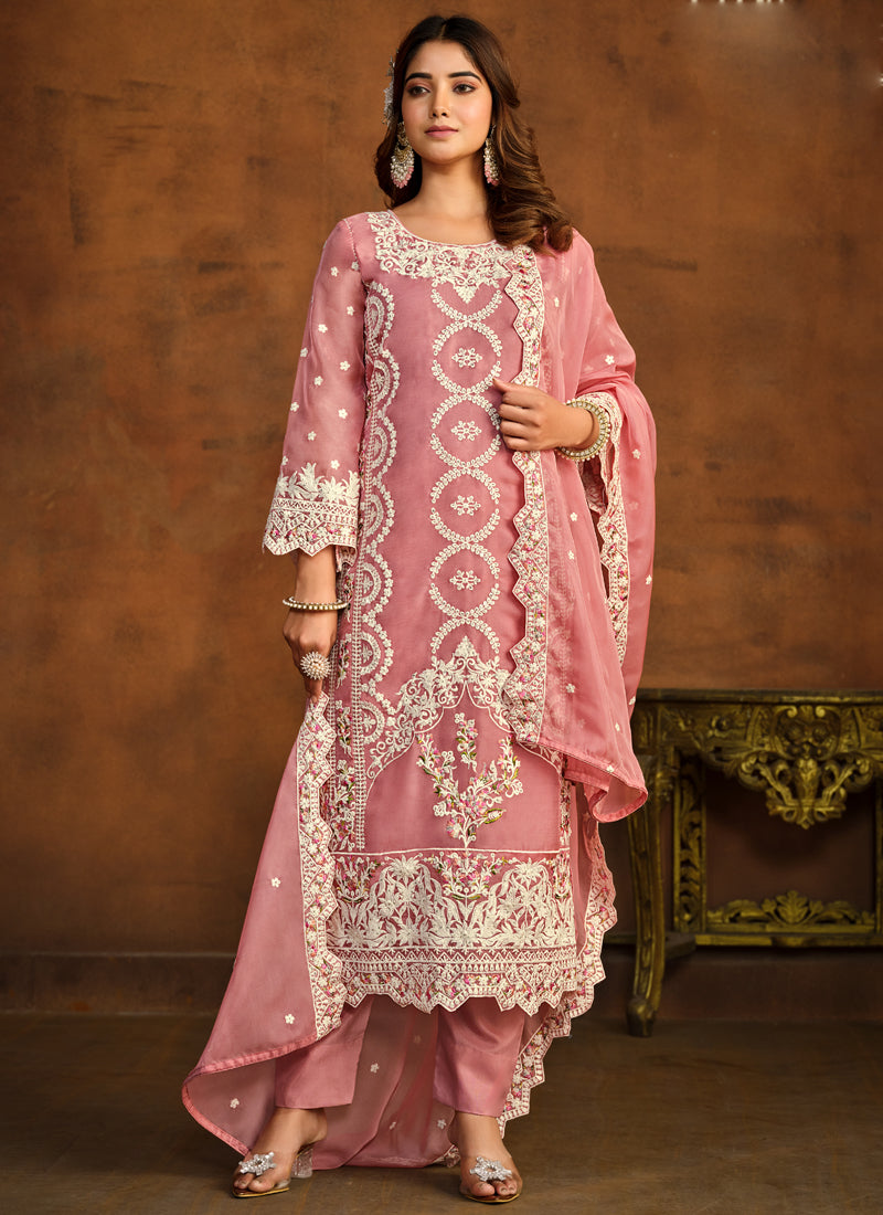 Vegaa Fashion Designer Peach Soft Organza Embroidery Salwar Suit