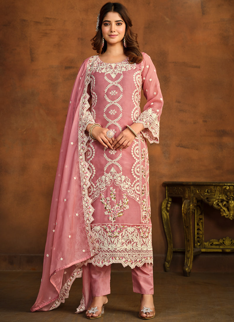 Vegaa Fashion Designer Peach Soft Organza Embroidery Salwar Suit