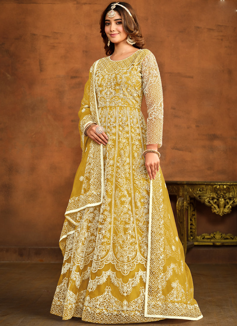 Vegaa Fashion Designer Yellow Net Embroidery Anarkali Suit