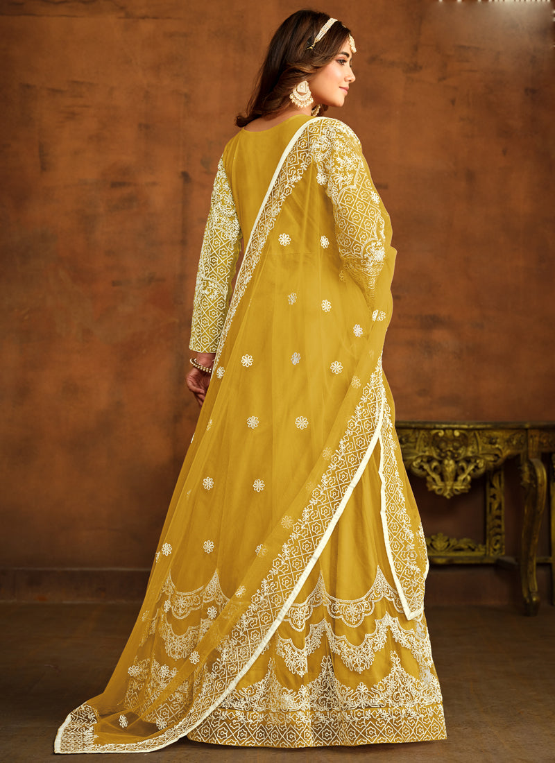 Vegaa Fashion Designer Yellow Net Embroidery Anarkali Suit