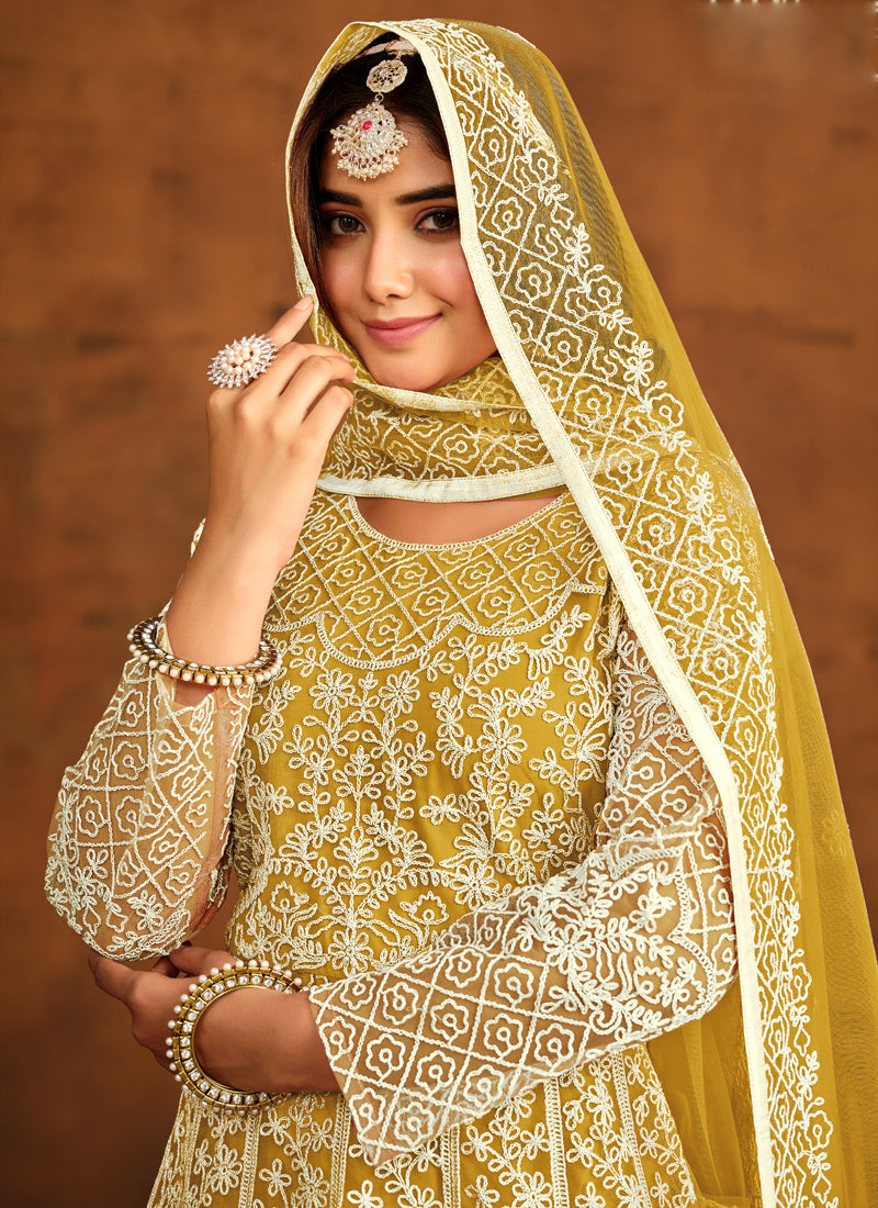 Vegaa Fashion Designer Yellow Net Embroidery Anarkali Suit