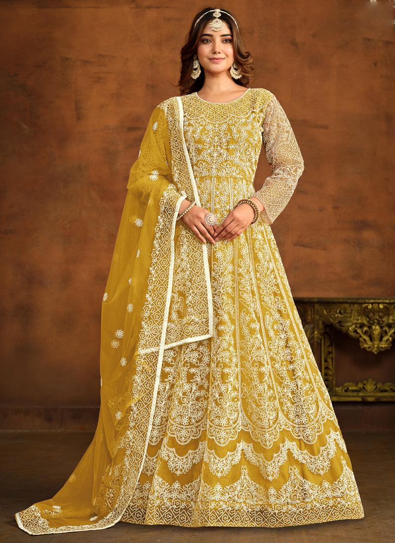 Vegaa Fashion Designer Yellow Net Embroidery Anarkali Suit