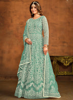 Vegaa Fashion Designer Bottel Green Net Embroidery Anarkali Suit
