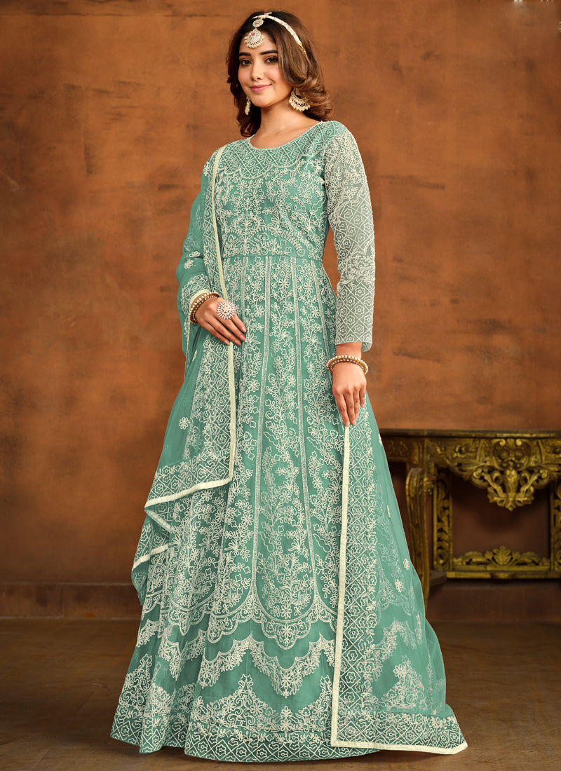 Vegaa Fashion Designer Bottel Green Net Embroidery Anarkali Suit