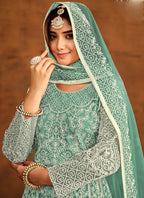 Vegaa Fashion Designer Bottel Green Net Embroidery Anarkali Suit