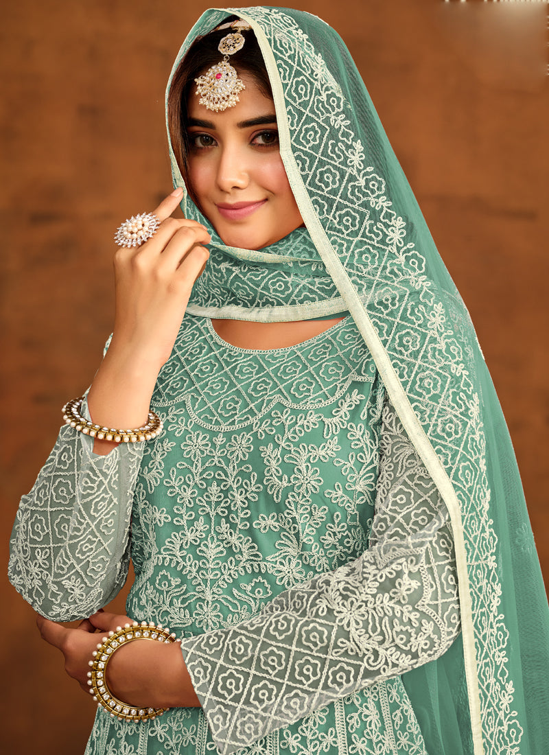 Vegaa Fashion Designer Bottel Green Net Embroidery Anarkali Suit