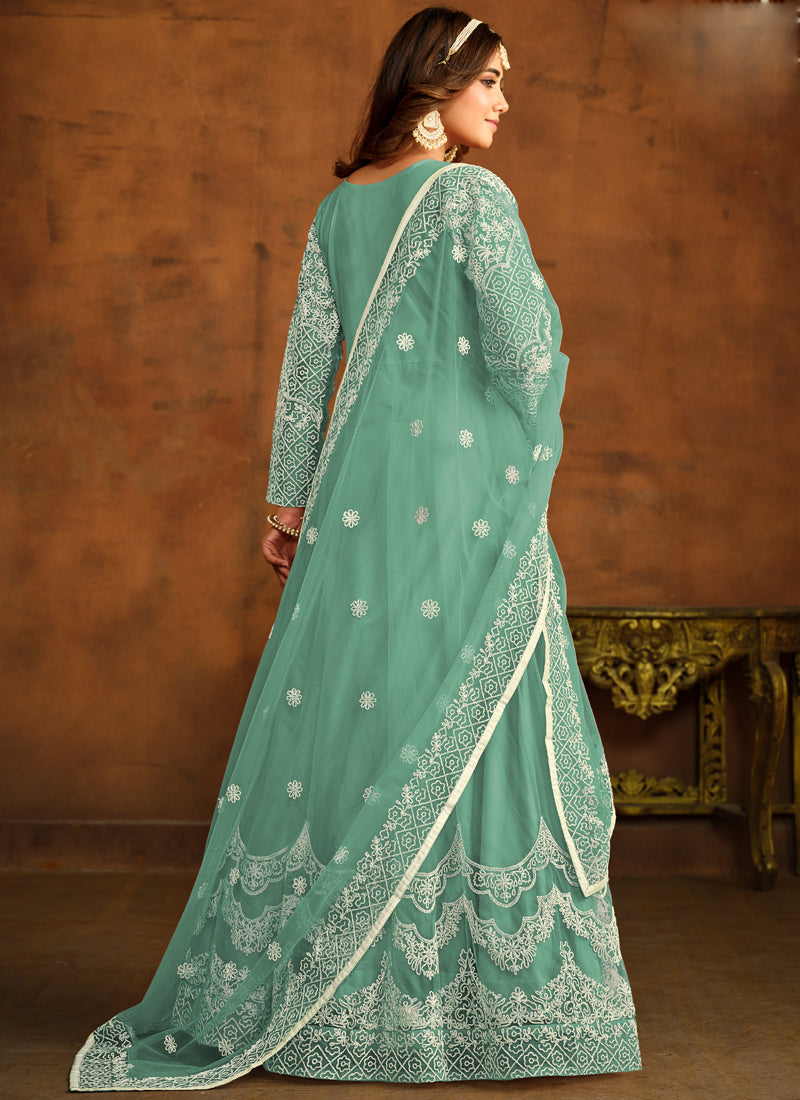 Vegaa Fashion Designer Bottel Green Net Embroidery Anarkali Suit