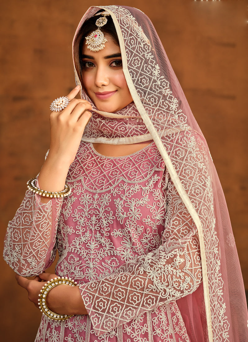 Vegaa Fashion Designer Pink Net Embroidery Anarkali Suit