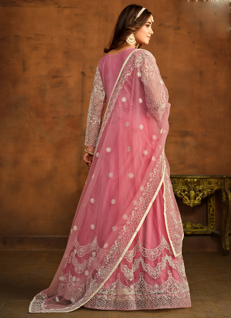 Vegaa Fashion Designer Pink Net Embroidery Anarkali Suit