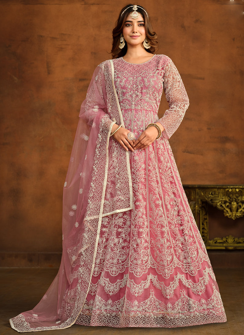 Vegaa Fashion Designer Pink Net Embroidery Anarkali Suit