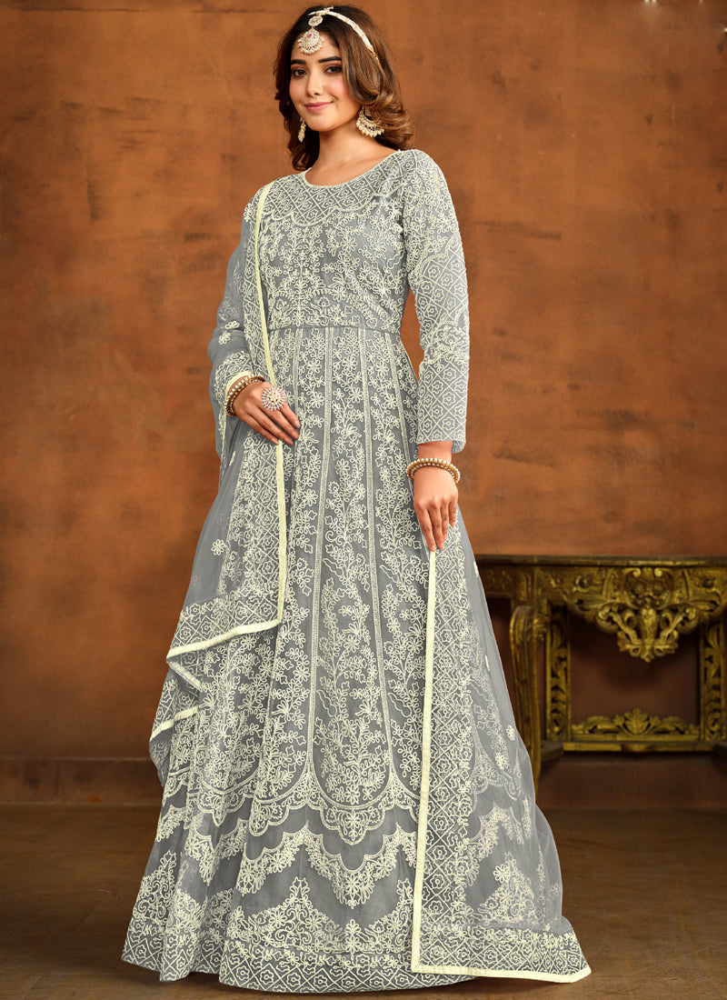 Vegaa Fashion Designer Grey Net Embroidery Anarkali Suit
