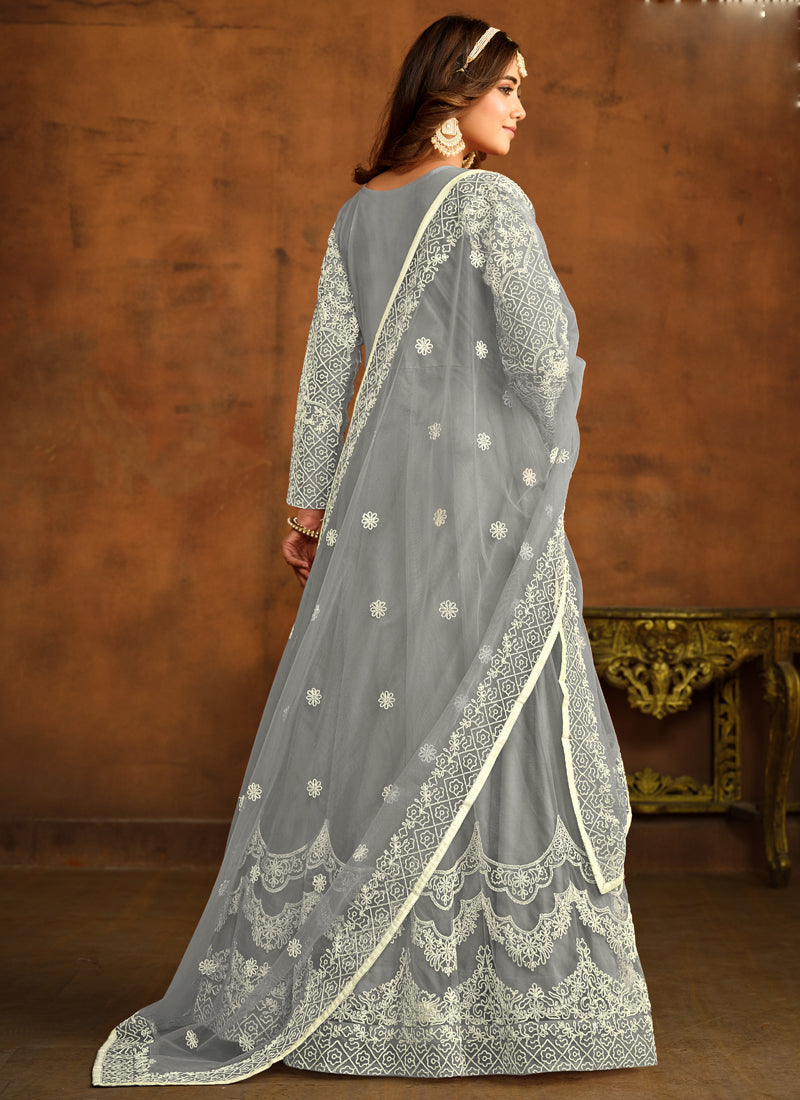 Vegaa Fashion Designer Grey Net Embroidery Anarkali Suit