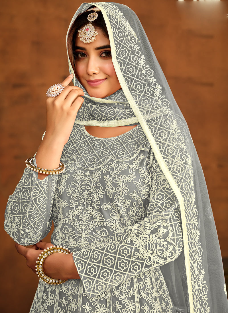 Vegaa Fashion Designer Grey Net Embroidery Anarkali Suit