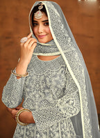 Vegaa Fashion Designer Grey Net Embroidery Anarkali Suit