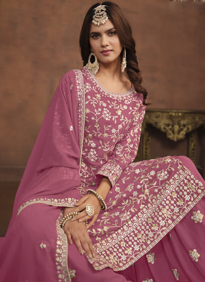 Vegaa Fashion Designer Pink Faux Georgette Embroidery Sharara Suit - Distacart