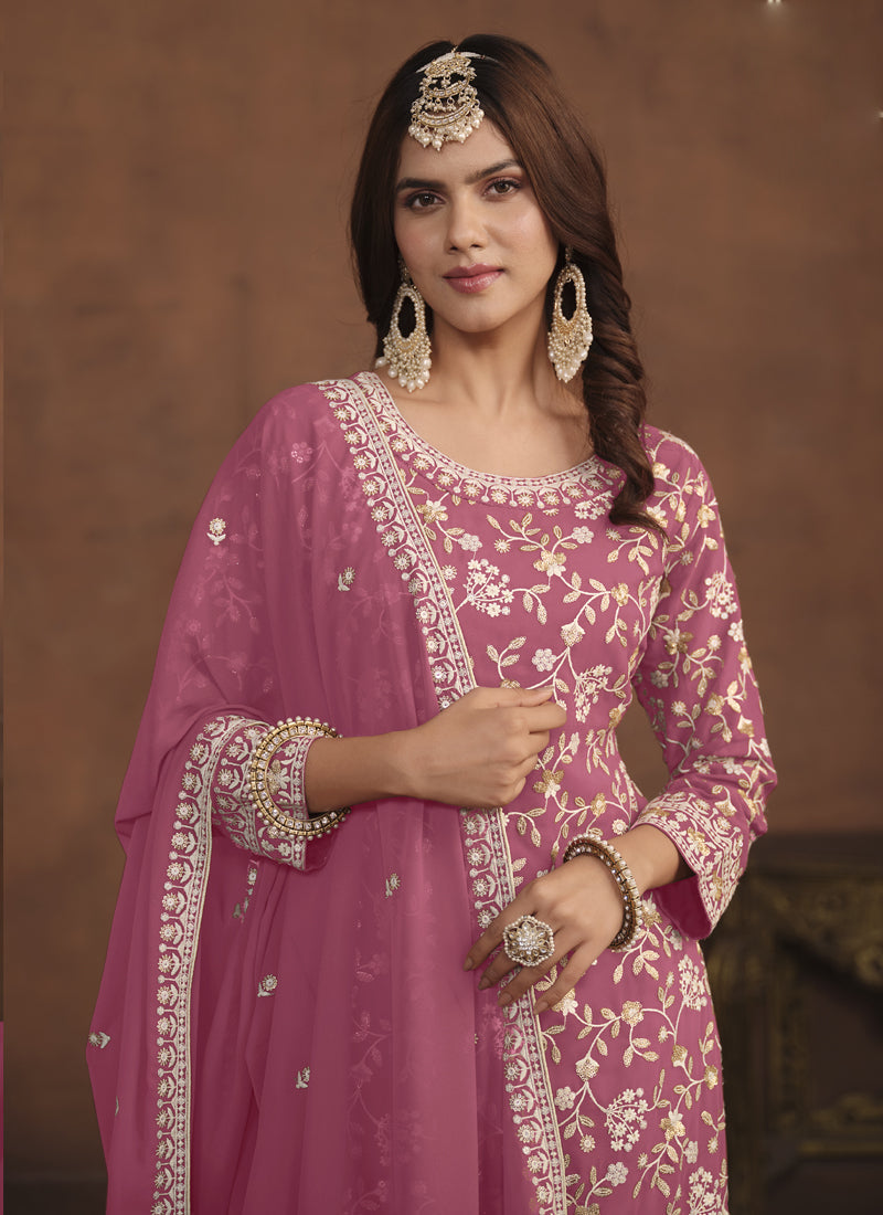 Vegaa Fashion Designer Pink Faux Georgette Embroidery Sharara Suit - Distacart
