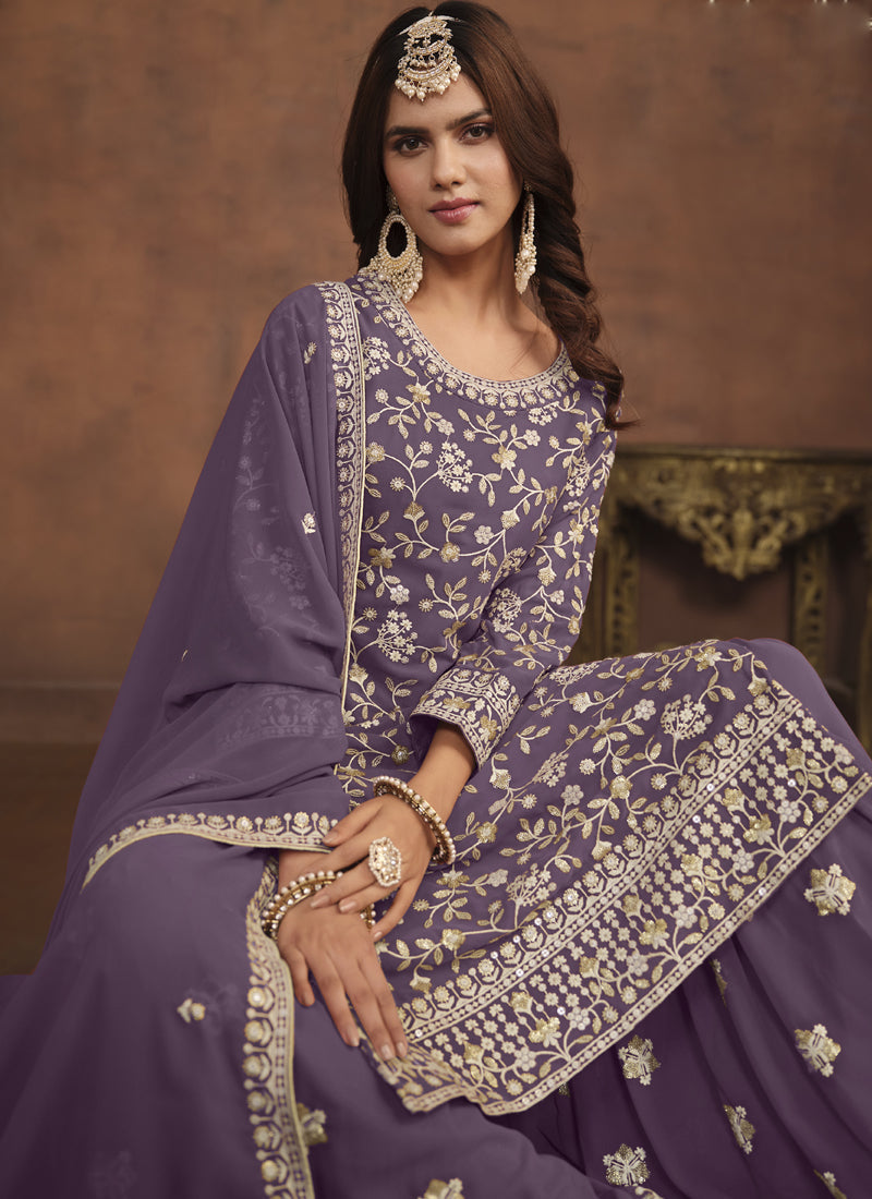 Vegaa Fashion Designer Lavender Faux Georgette Embroidery Sharara Suit - Distacart