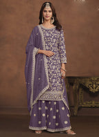 Vegaa Fashion Designer Lavender Faux Georgette Embroidery Sharara Suit - Distacart