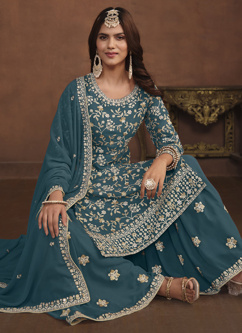 Vegaa Fashion Designer Dark Grey Faux Georgette Embroidery Sharara Suit - Distacart