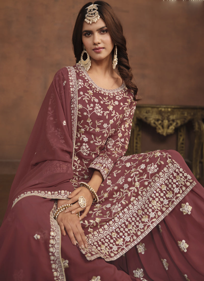 Vegaa Fashion Designer Brown Faux Georgette Embroidery Sharara Suit - Distacart