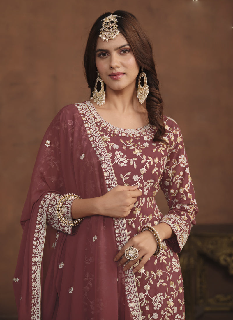 Vegaa Fashion Designer Brown Faux Georgette Embroidery Sharara Suit - Distacart