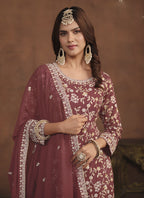 Vegaa Fashion Designer Brown Faux Georgette Embroidery Sharara Suit - Distacart