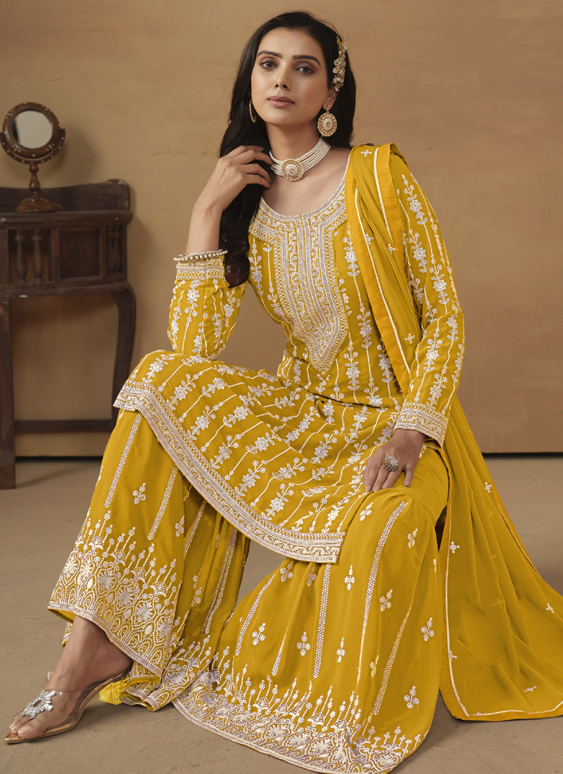 Vegaa Fashion Designer Yellow Faux Georgette Embroidery Sharara Suit - Distacart