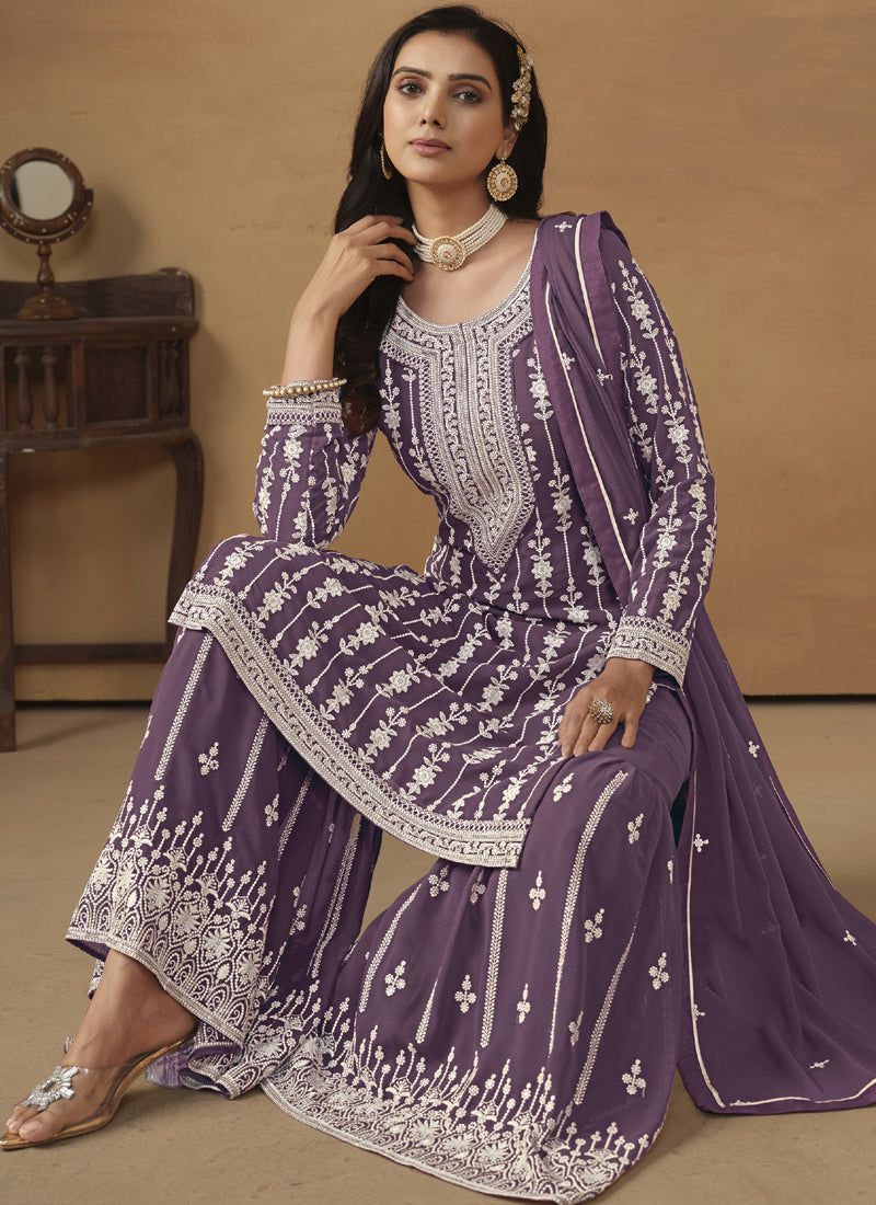 Vegaa Fashion Designer Purple Faux Georgette Embroidery Sharara Suit - Distacart