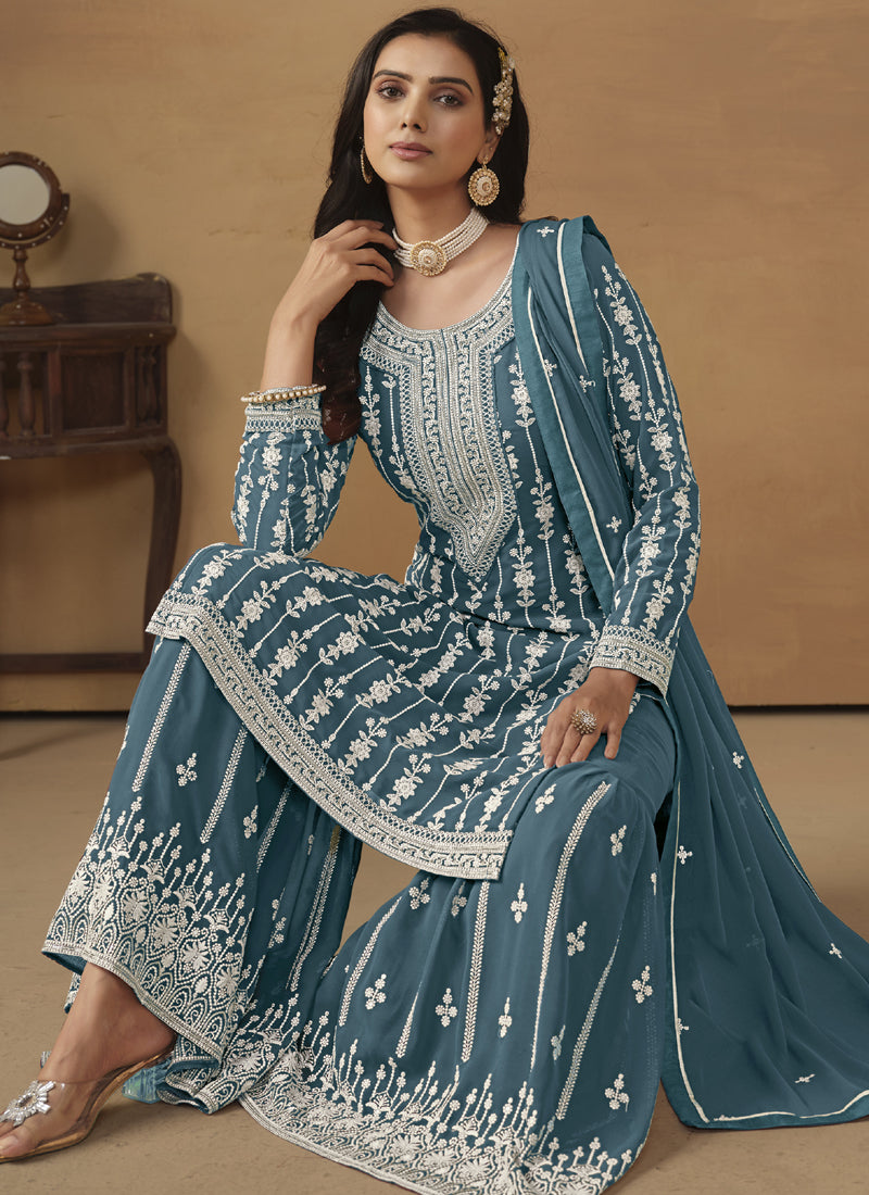 Vegaa Fashion Designer Grey Faux Georgette Embroidery Sharara Suit - Distacart