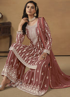 Vegaa Fashion Designer Brown Faux Georgette Embroidery Sharara Suit - Distacart