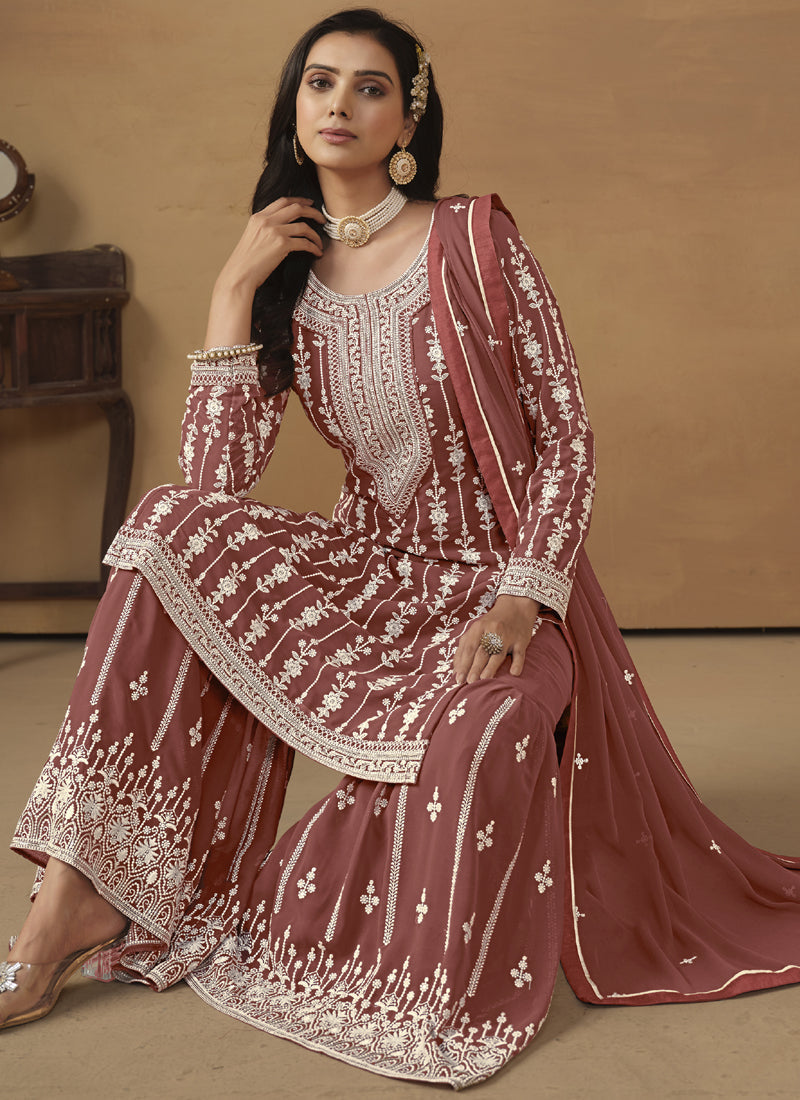 Vegaa Fashion Designer Brown Faux Georgette Embroidery Sharara Suit - Distacart