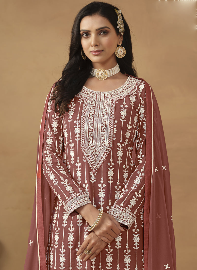 Vegaa Fashion Designer Brown Faux Georgette Embroidery Sharara Suit - Distacart