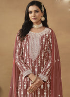 Vegaa Fashion Designer Brown Faux Georgette Embroidery Sharara Suit - Distacart
